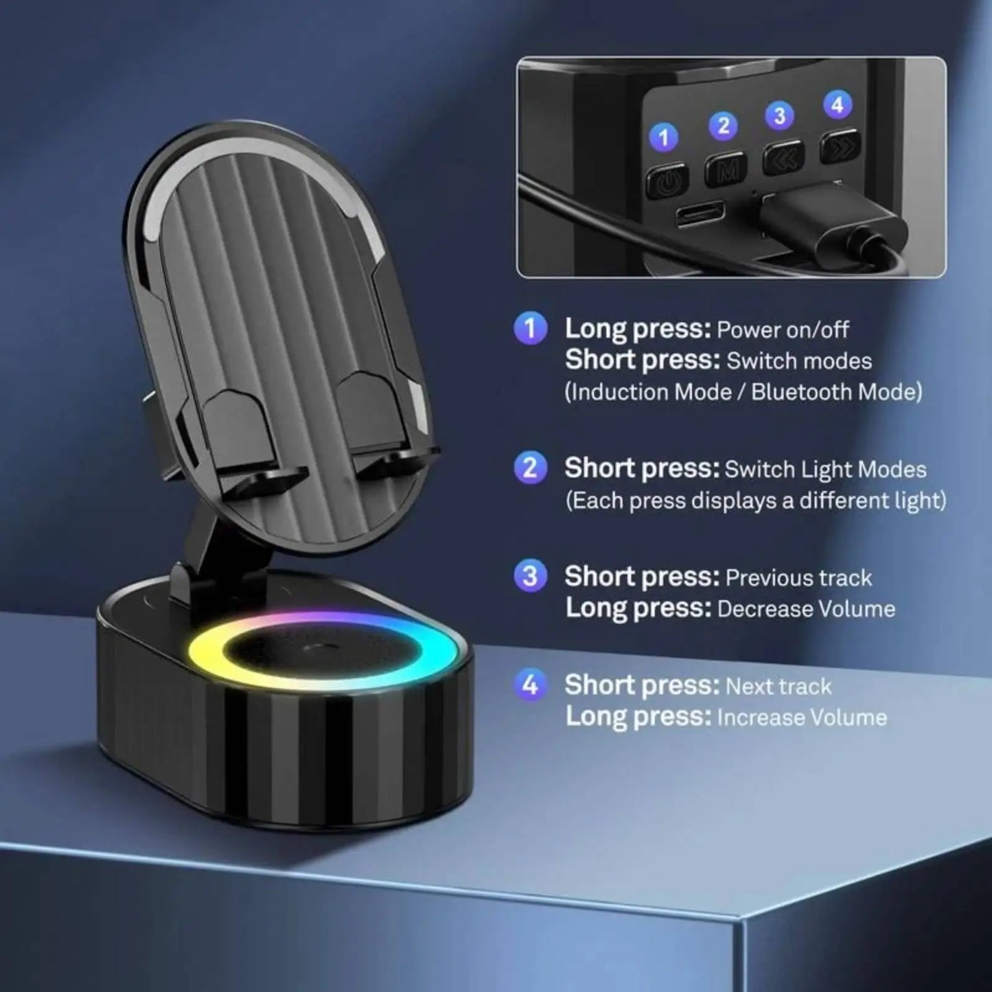 5 In1 Wireless Induction Bluetooth Speaker Phone Stand Cellphone Charger Power Bank Atmosphere Light Tablet Holder Bracket Black
